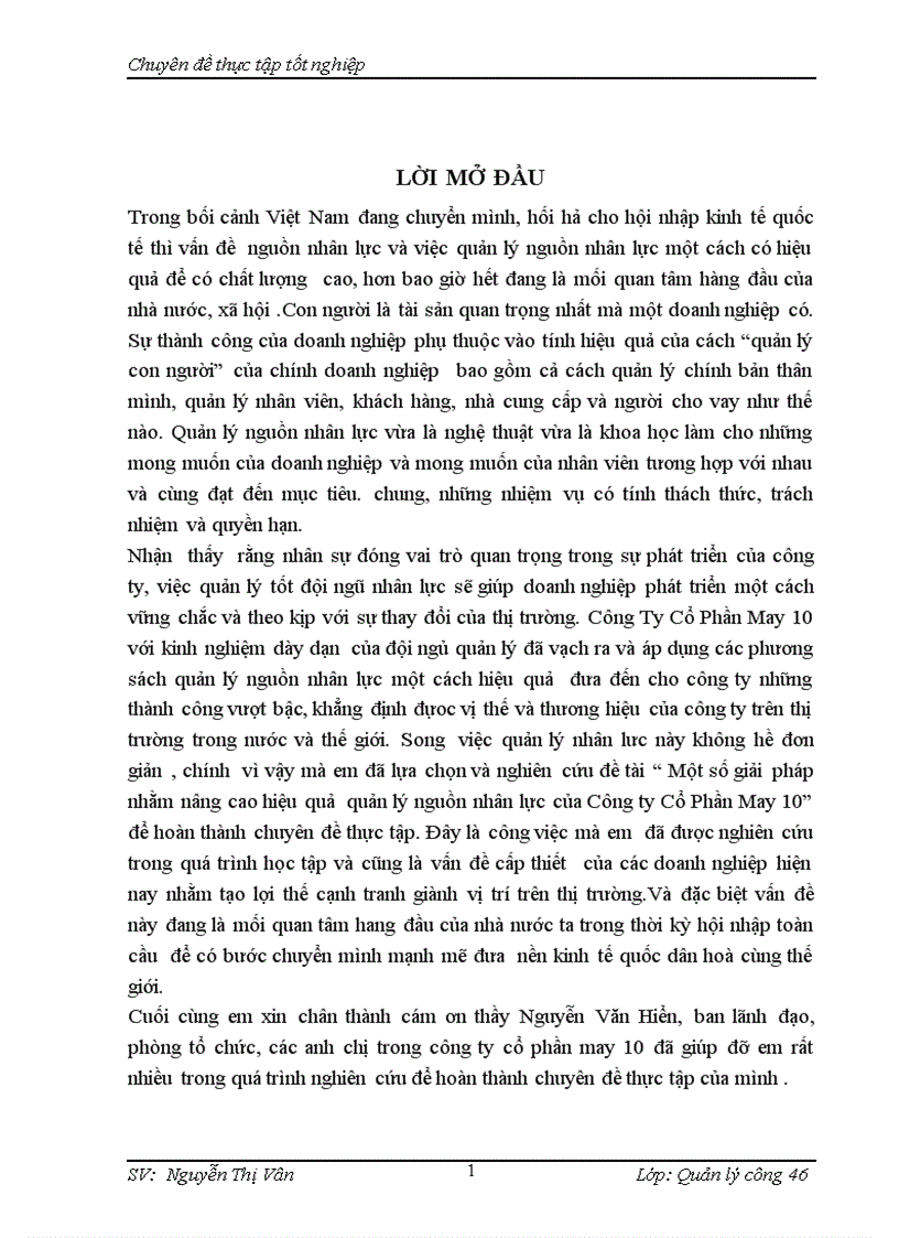 Một số Giải pháp nhằm nâng cao hiệu quả quản lý nguồn nhân lực của công ty Cổ Phần May 10