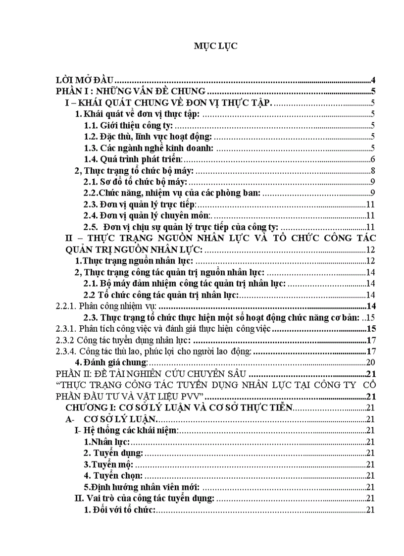 Báo cáo tốt nghiệp Thực trạng công tác tuyển dụng nhân lực tại Công ty cổ phần đầu tư và vật liệu PVV