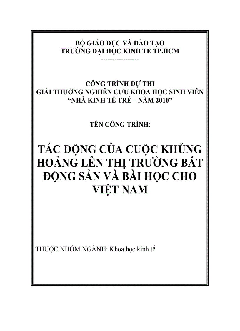 Tác động của cuộc khủng hoảng lên thị trường bất động sản và Bài học cho Việt Nam