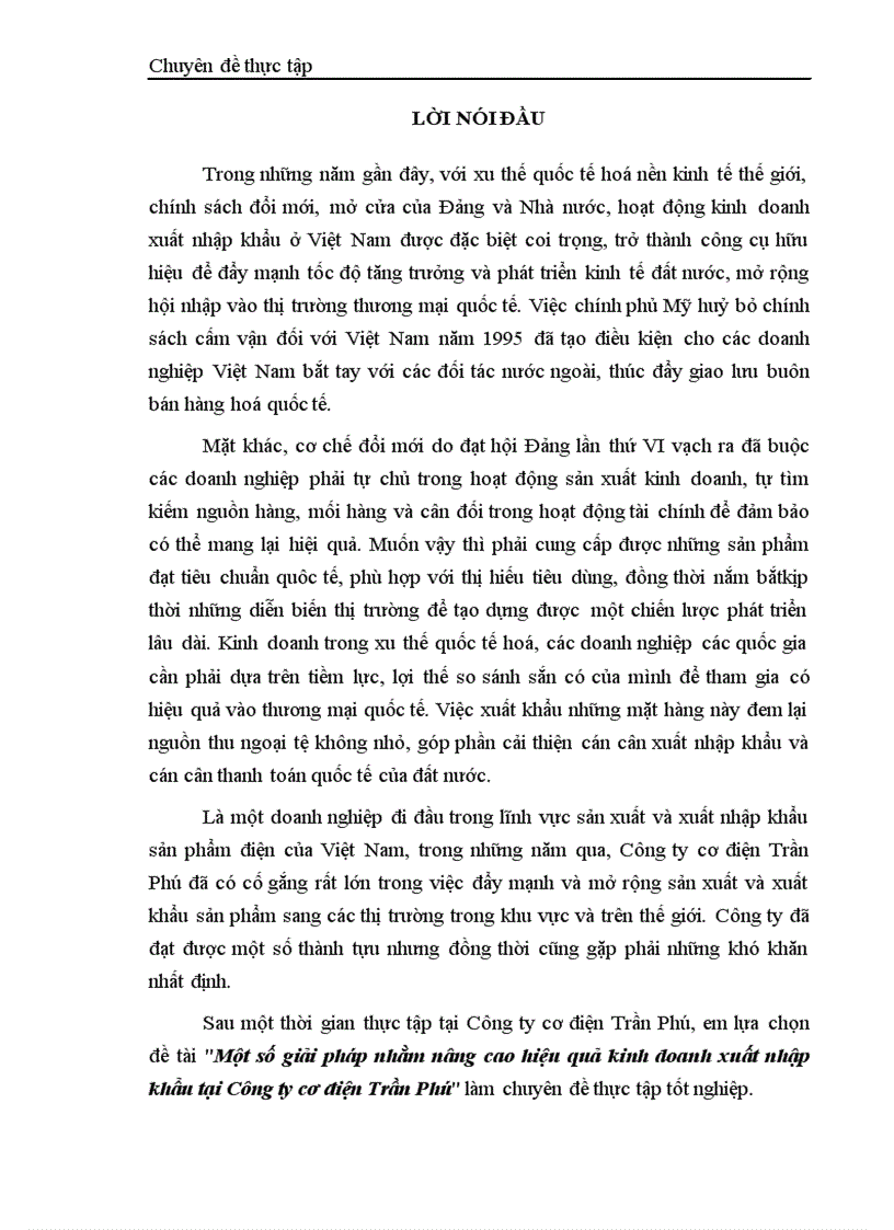 Một số giải pháp nhằm nâng cao hiệu quả kinh doanh xuất nhập khẩu tại Công ty cơ điện Trần Phú