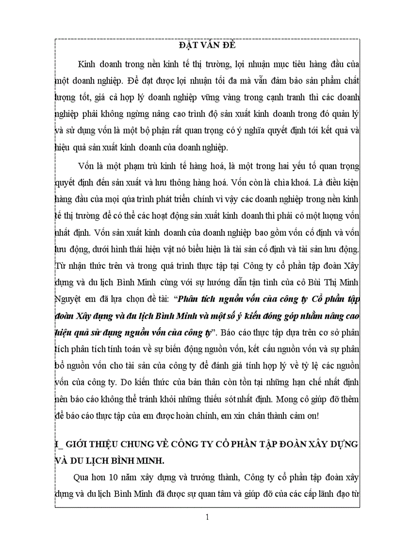 Báo cáo thực tập Phân tích nguồn vốn của công ty Cổ phần xây dựng và du lịch Bình Minh