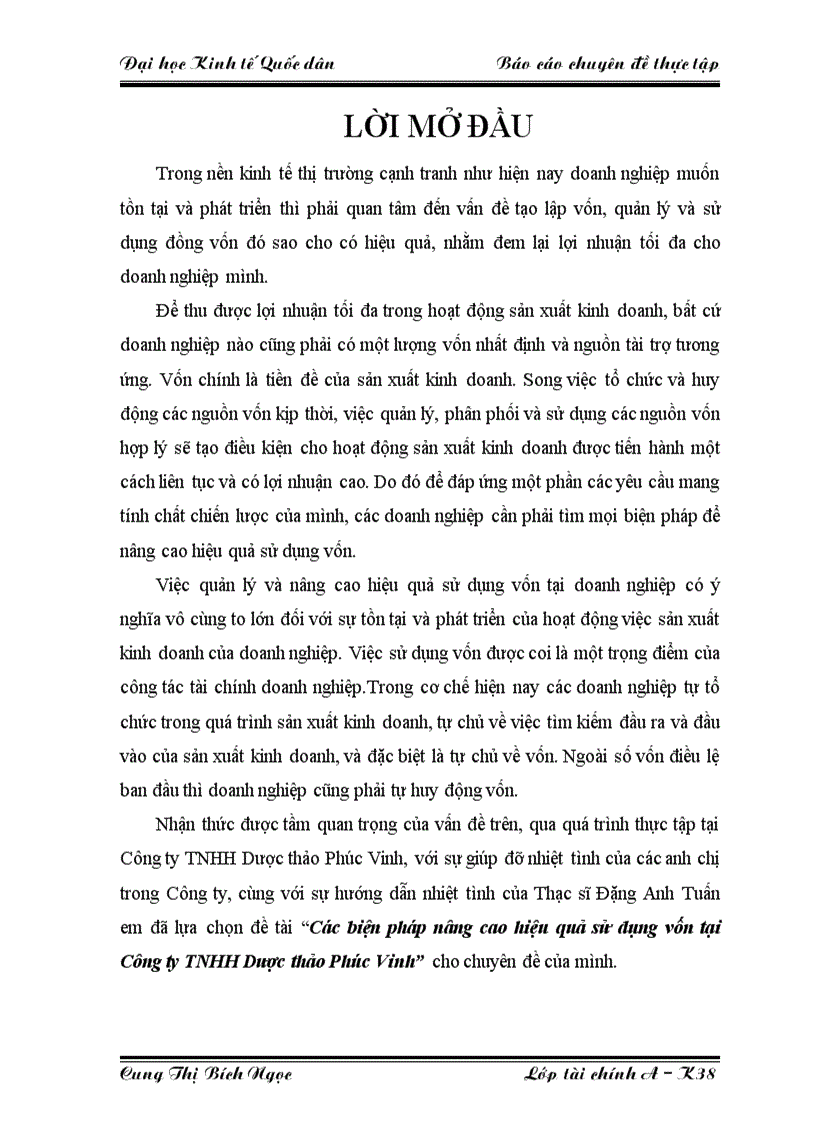 Các biện pháp nâng cao hiệu quả sử dụng vốn tại Công ty TNHH Dược thảo Phúc Vinh