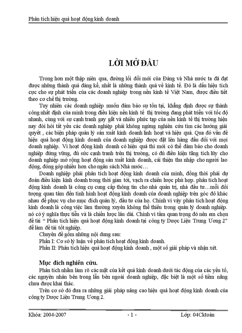 Phân tích hiệu quả hoạt động kinh doanh tại công ty Dược Liệu Trung Ương 2