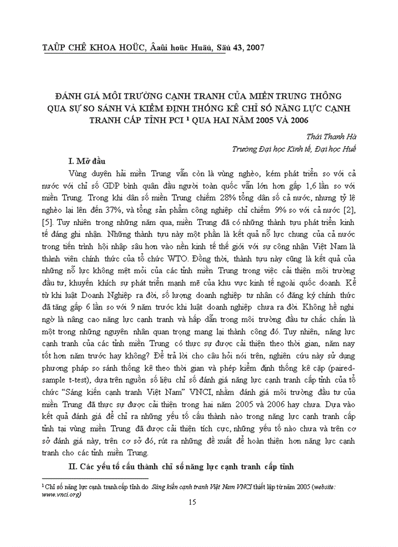 Đánh giá môi trường cạnh tranh của miên trung thông qua sự so sánh kiểm đinh thông kê chỉ số năng lực cạnh tranh cấp tỉnh PCI