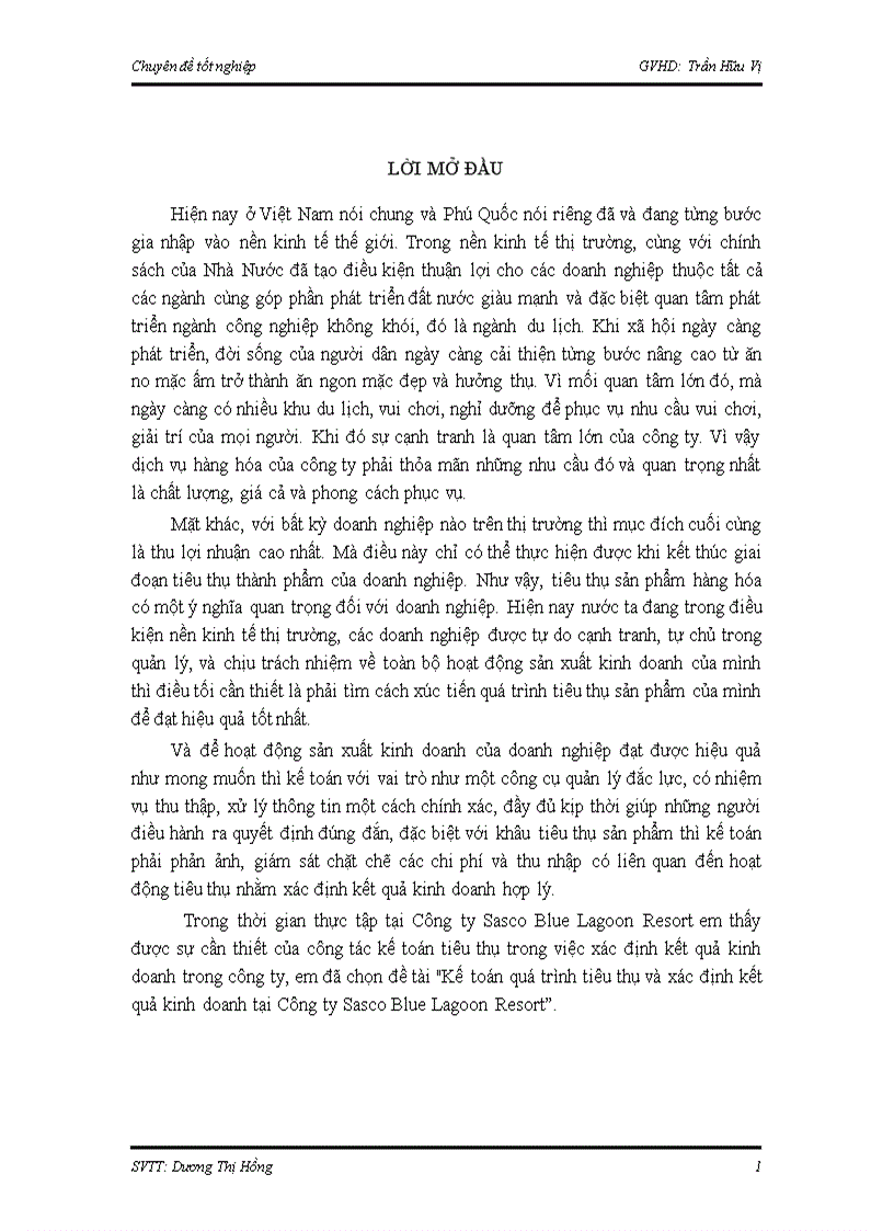 Kế toán quá trình tiêu thụ và xác định kết quả kinh doanh tại Công ty Sasco Blue Lagoon Resort