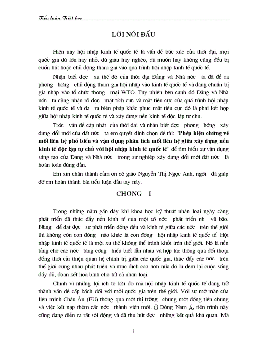 Phép biện chứng về mối liên hệ và vận dụng mối liên hệ giữa xây dựng nền kinh tế độc lập tự chủ với hội nhập kinh tế quốc tế