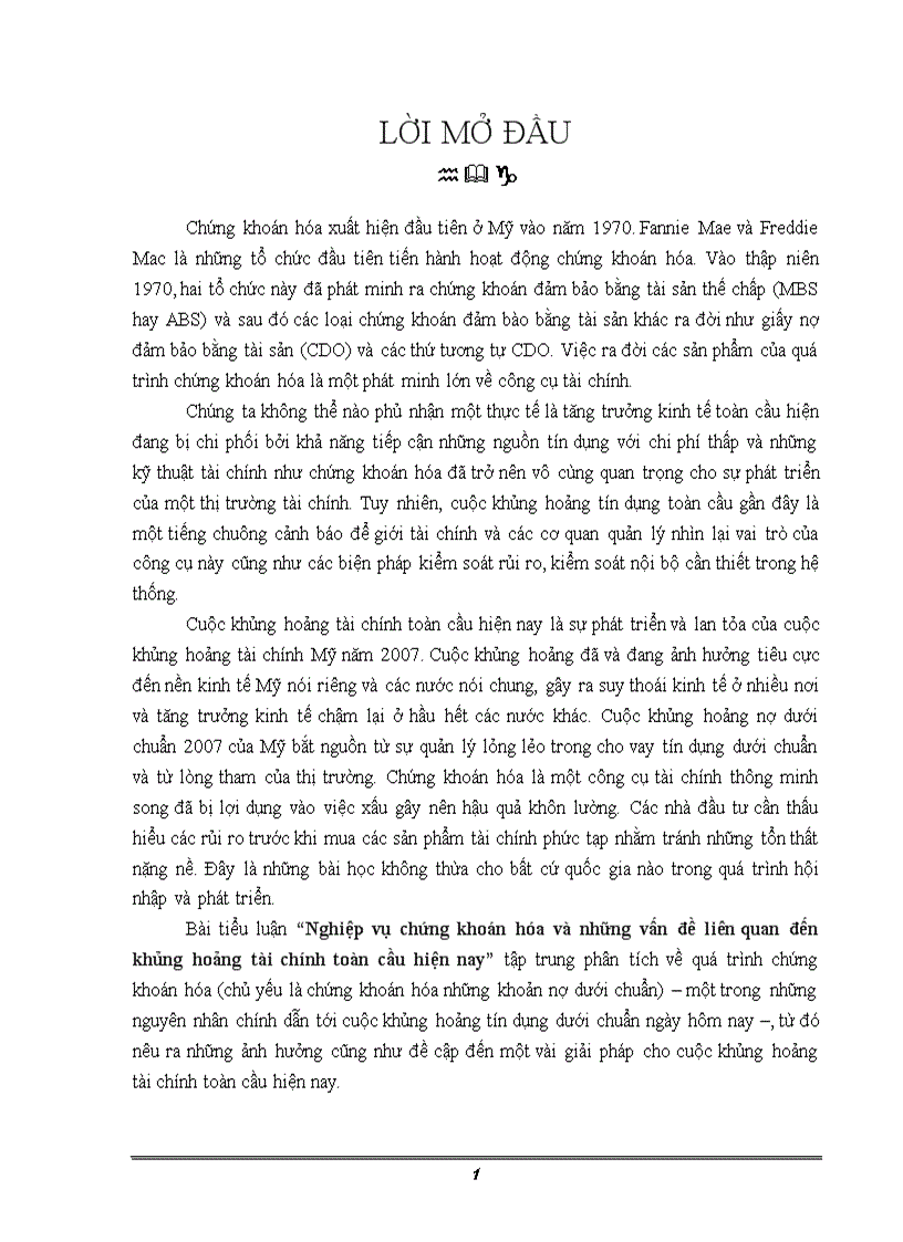 Nghiệp vụ chứng khoán hóa và những vấn đề liên quan đến cuộc khủng hoảng tài chính toàn cầu hiện nay