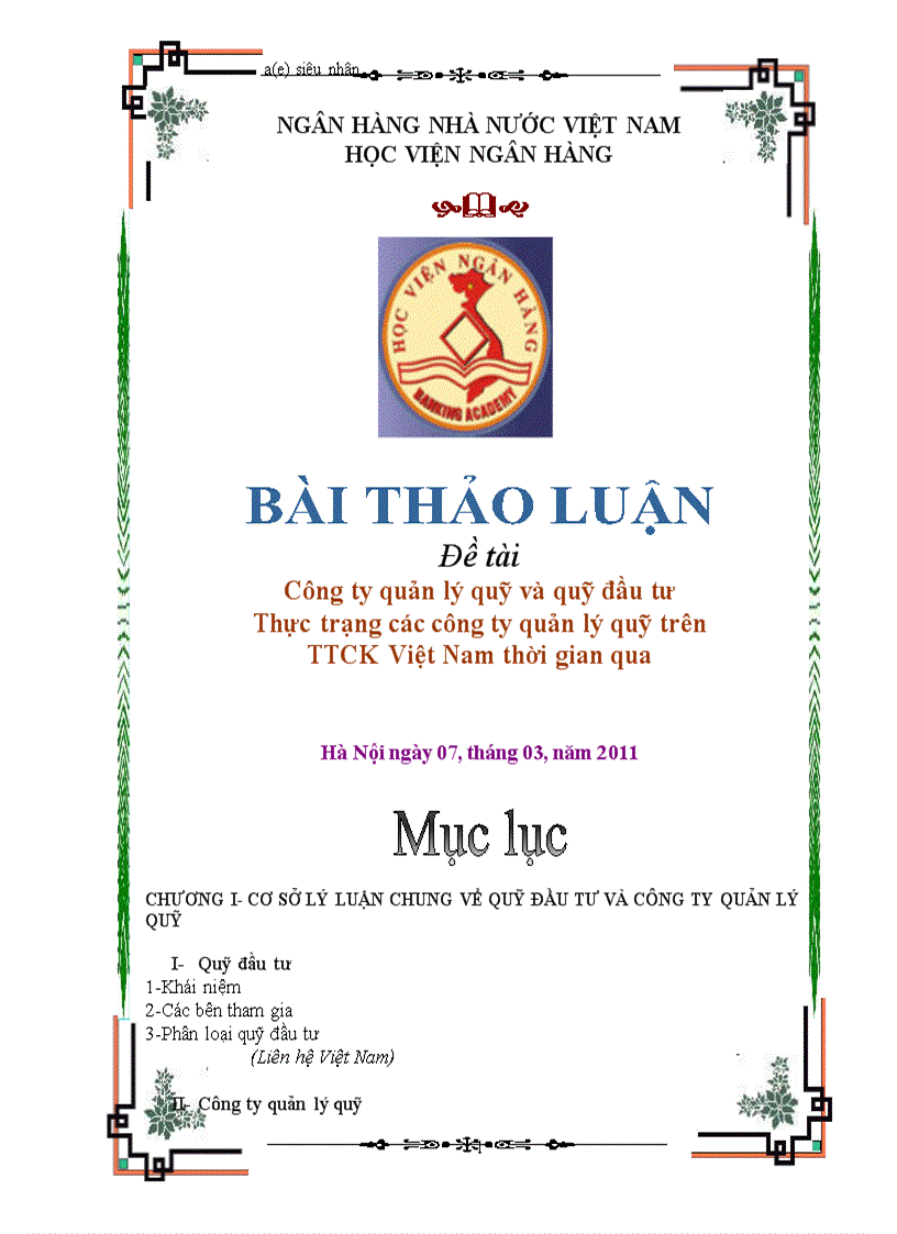 Công ty quản lý quỹ và quỹ đầu tư Thực trạng các công ty quản lý quỹ trên thị trường chứng khoán Việt Nam thời gian qua học viện ngân hàng