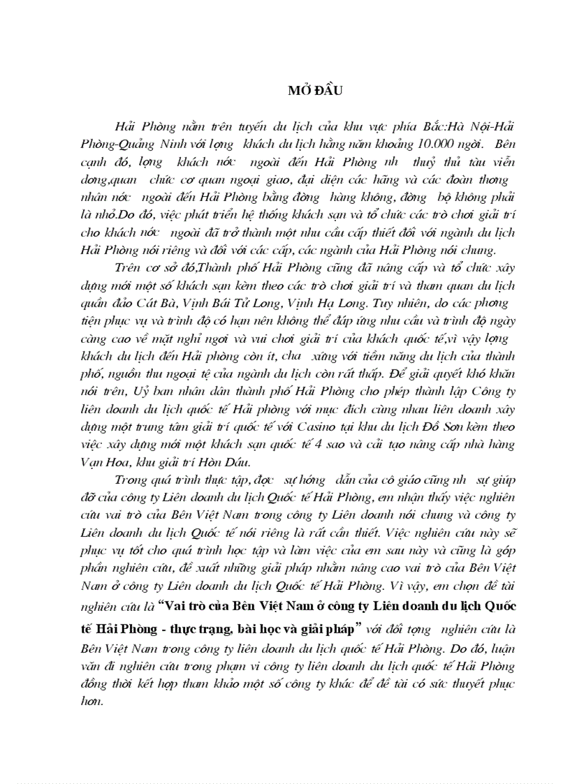 Vai trò của bên Việt Nam ở công ty Liên Doanh du lịch Quốc tế Hải Phòng Thực trạng bài học Giải pháp