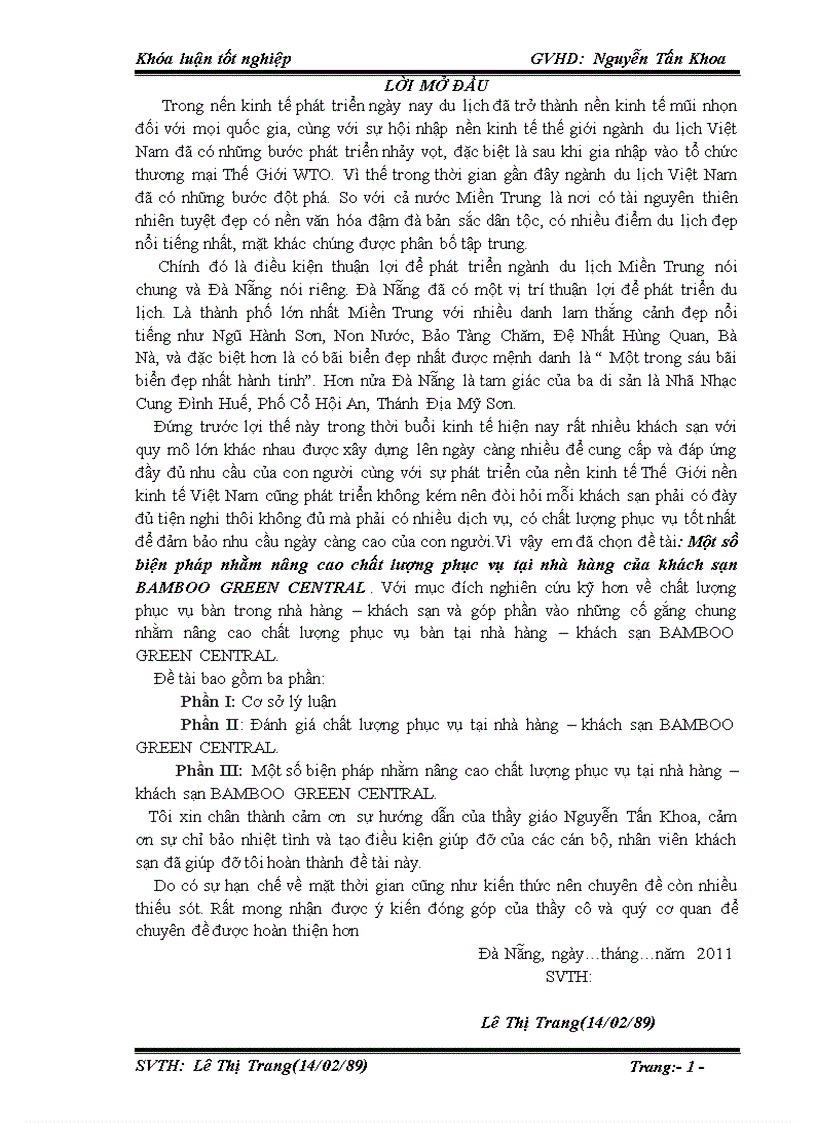 Một số biện pháp nhằm nâng cao chất lượng phục vụ tại nhà hàng của khách sạn BAMBOO GREEN CENTRAL ĐÀ NẴNG