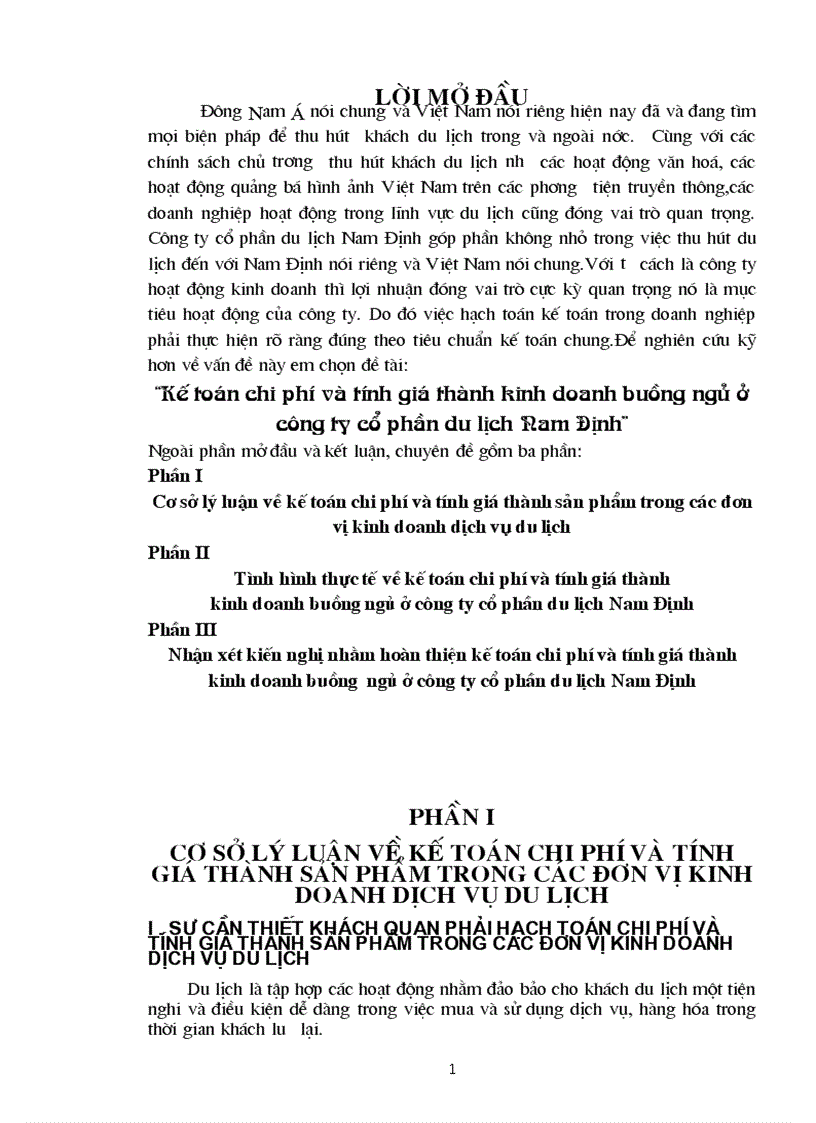 Kế toán chi phí tính giá thành kinh doanh buồng ngủ ở công ty cổ phần du lịch Nam Định