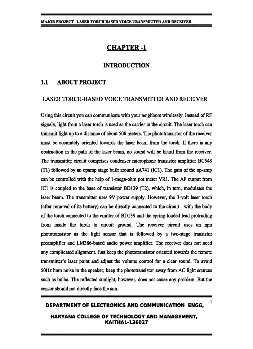 Laser torch based voice transmitter and receiver