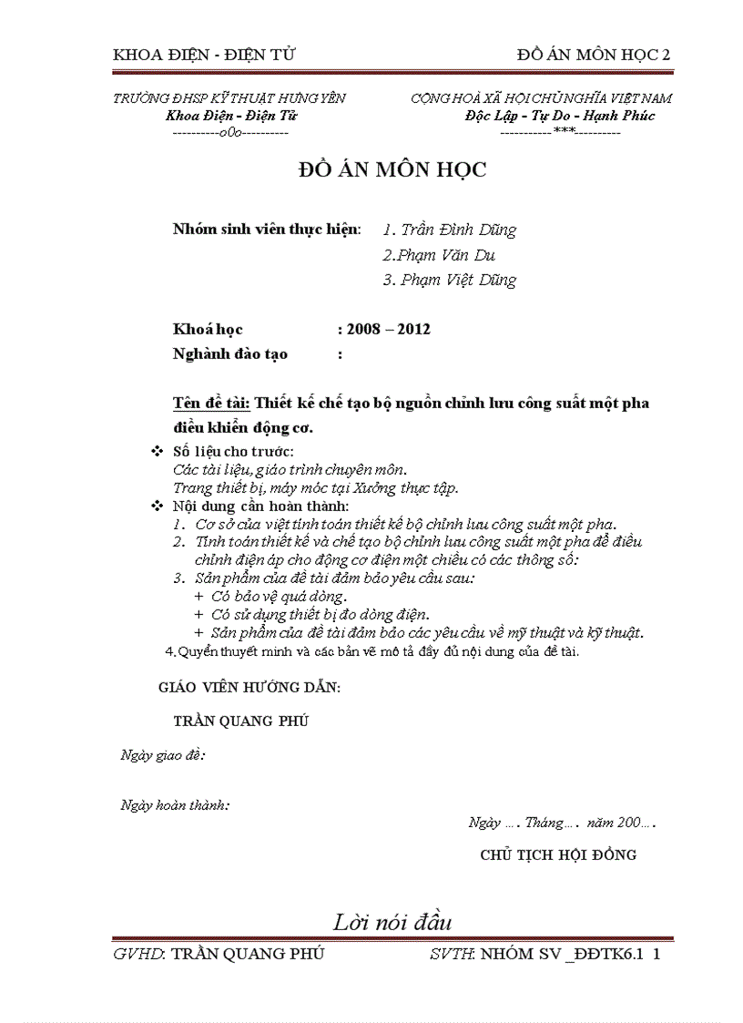 Đồ án ĐTCS Thiết kế chế tạo bộ nguồn chỉnh lưu công suất một pha điều khiển động cơ