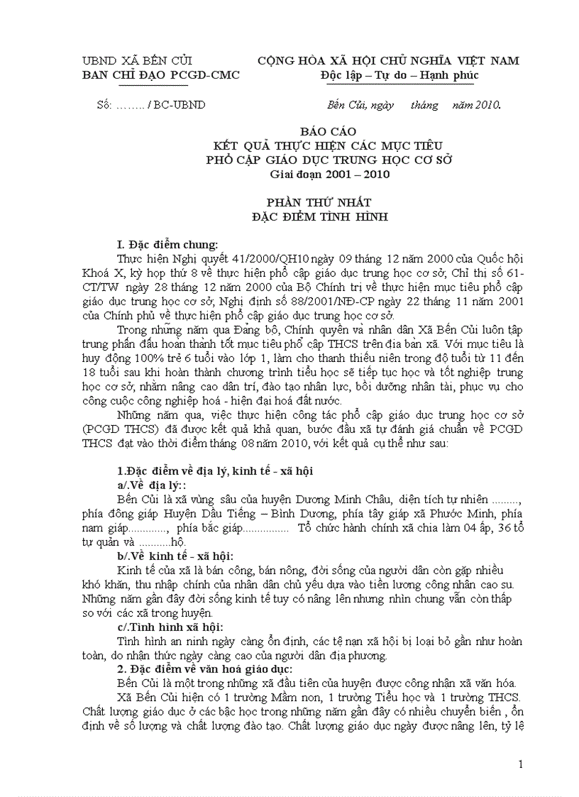 Báo cáo kết quả thực hiện các mục tiêu phổ cập giáo dục trung học cơ sở