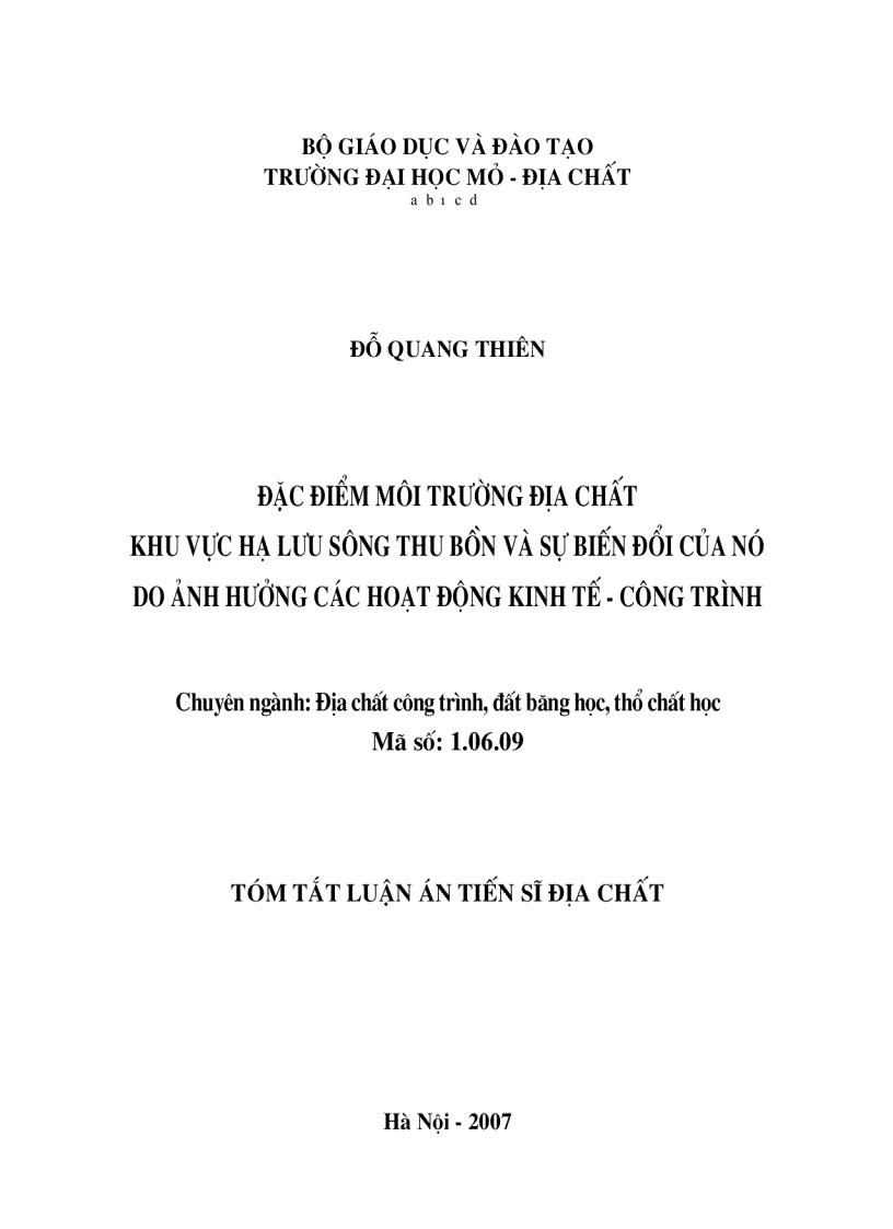 Đặc điểm môi trường địa chất khu vực hạ lưu sông Thu Bồn và sự biến đổi của nó do ảnh hưởng các hoạt động Kinh tế Công trình