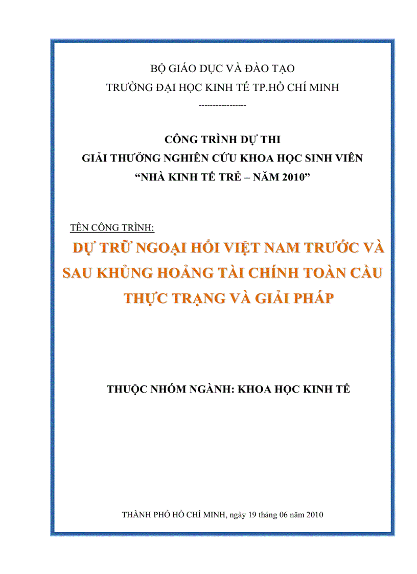 Dự trữ ngoại hối Việt Nam trước và sau khủng hoảng tài chính toàn cầu thực trạng và giải pháp