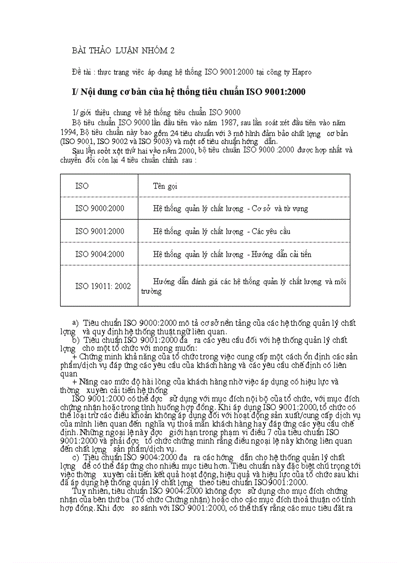 Thực trạng việc áp dụng hệ thống ISO 9001 2000 tại công ty Hapro