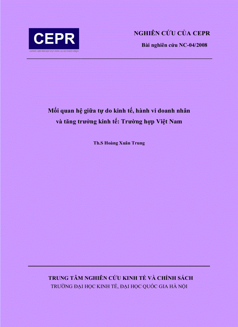 Mối quan hệ giữa tự do kinh tế hành vi doanh nhân và tăng trưởng kinh tế Trường hợp Việt Nam