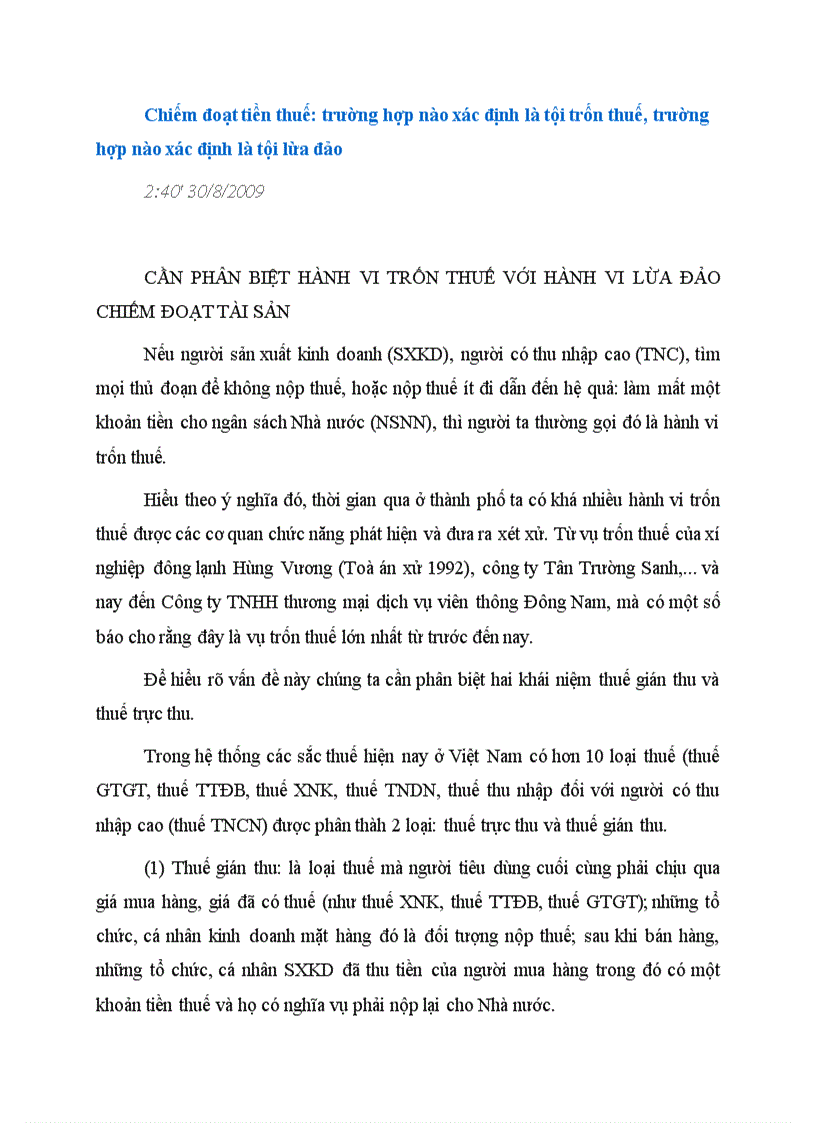 Hành vi Chiếm đoạt tiền thuế và phân biệt trường hợp xác định là tội trốn thuế trường hợp xác định là tội lừa đảo