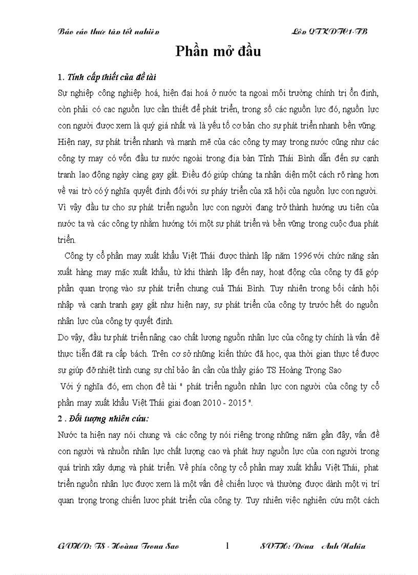 Thực trạng và xu hướng phát triển nguồn lực con người của công ty cổ phần may xuất khẩu việt thái thái bình
