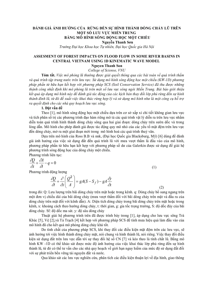 Đánh giá ảnh hưởng của rừng đến sự hình thành dòng chảy lũ trên một số lưu vực miền trung bằng mô hình sóng động học một chiều