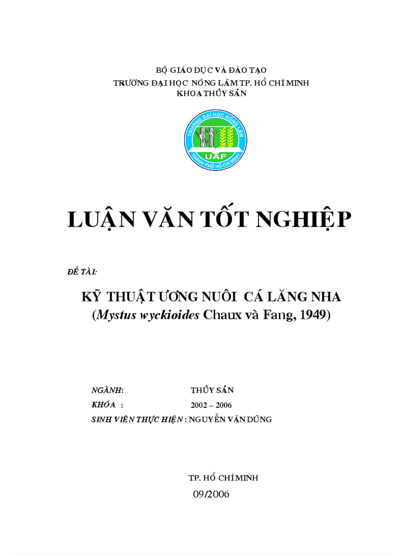 Kỹ Thuật Ương Nuôi Cá Lăng Nha Mystus Wyckioides Chaux và Fang 1949