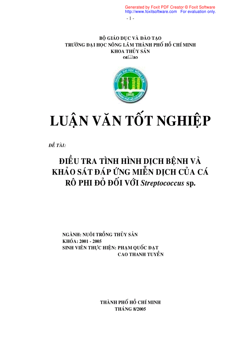 Điều tra tình hình dịch bệnh và khảo sát đáp ứng miễn dịch của cá rô phi đỏ đối với Streptococcus sp