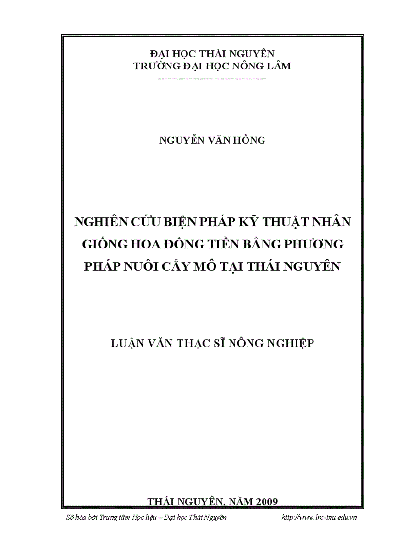 Nghiên cứu biện pháp kỹ thuật nhân giống hoa đồng tiền bằng phương pháp nuôi cấy mô tại tỉnh Thái Nguyên