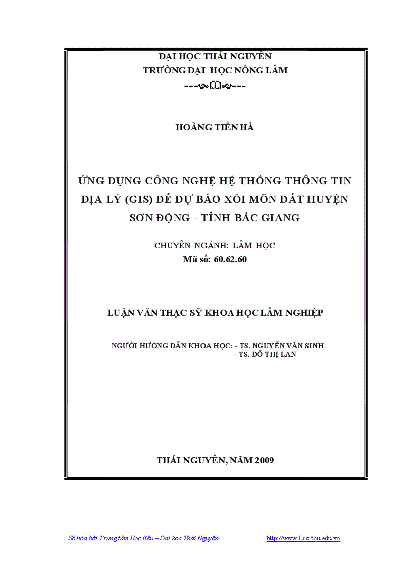 Ứng dụng công nghệ hệ thống thông tin địa lý GIS để dự báo xói mòn đất huyện Sơn Động tỉnh Bắc Giang