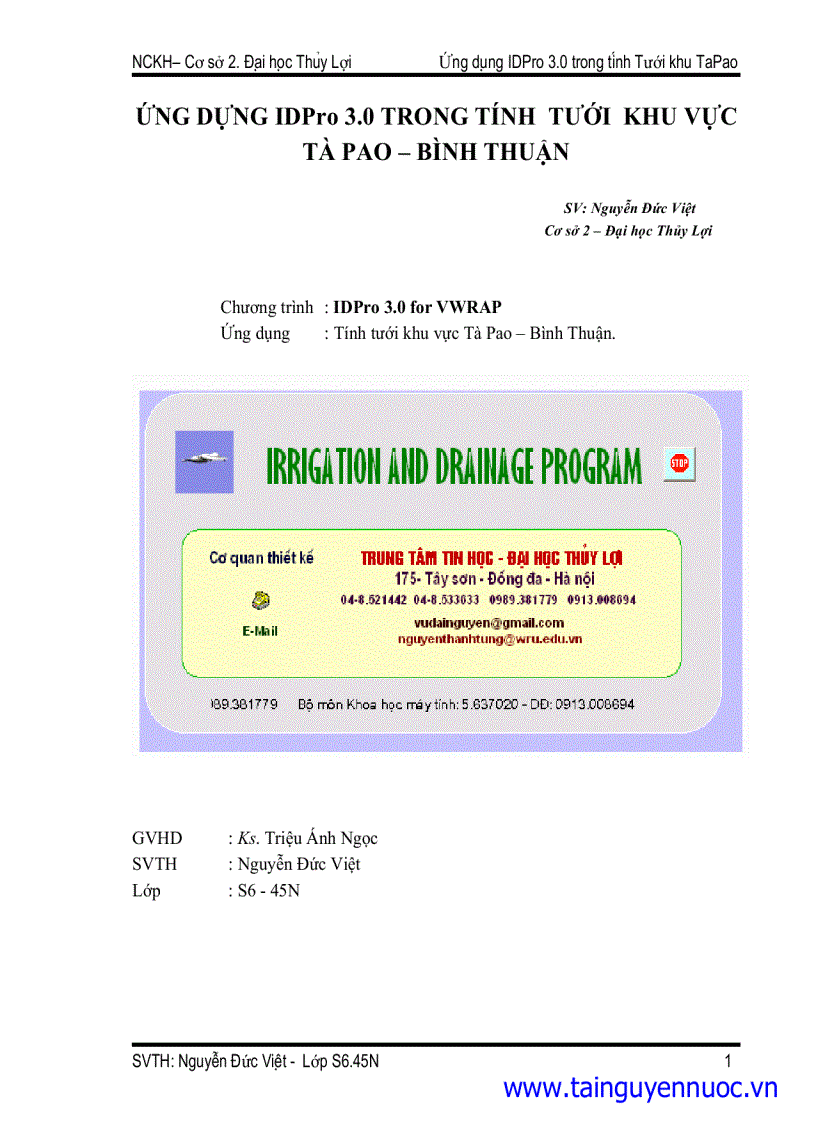 Ứng dựng IDPro 3 0 trong tính tưới khu vực tà pao bình thuận