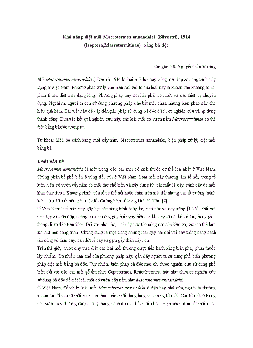 Khả năng diệt mối Macrotermes annandalei Silvestri 1914 Isoptera Macrotermitinae bằng bả độc