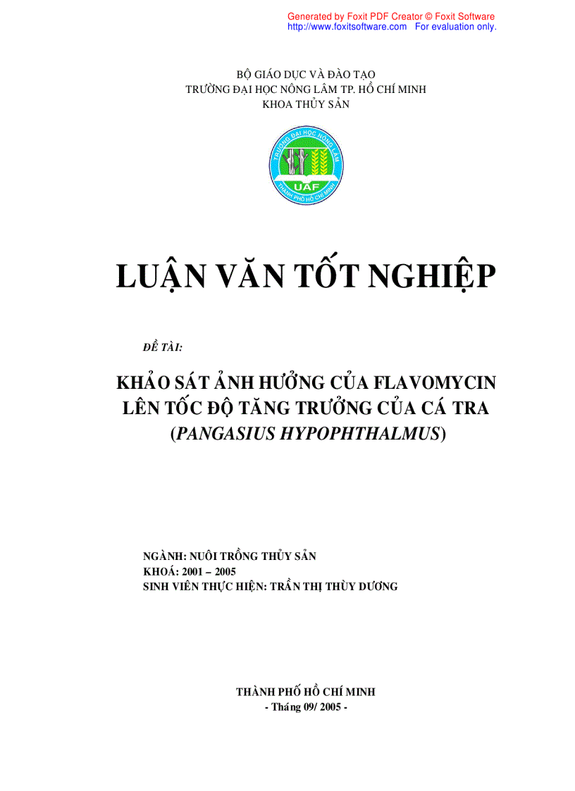 Khảo sát ảnh hưởng của Flavomycin lên tốc độ tăng trưởng cá tra Pangasius hypophthalmus