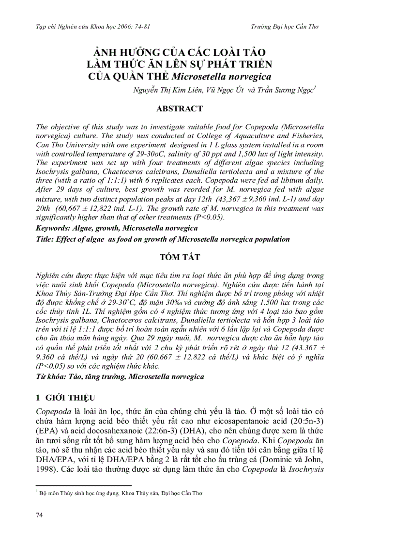 Ảnh hưởng của các loài tảo làm thức ăn lên sự phát triển của quần thể Microsetella norvegica