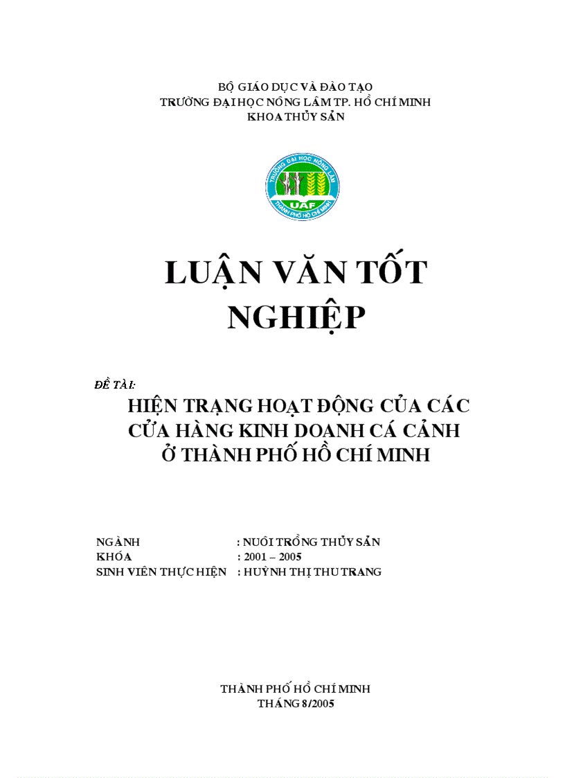 Hiện trạng hoạt động của các cửa hàng kinh doanh cá cảnh ở TP Hồ Chí Minh