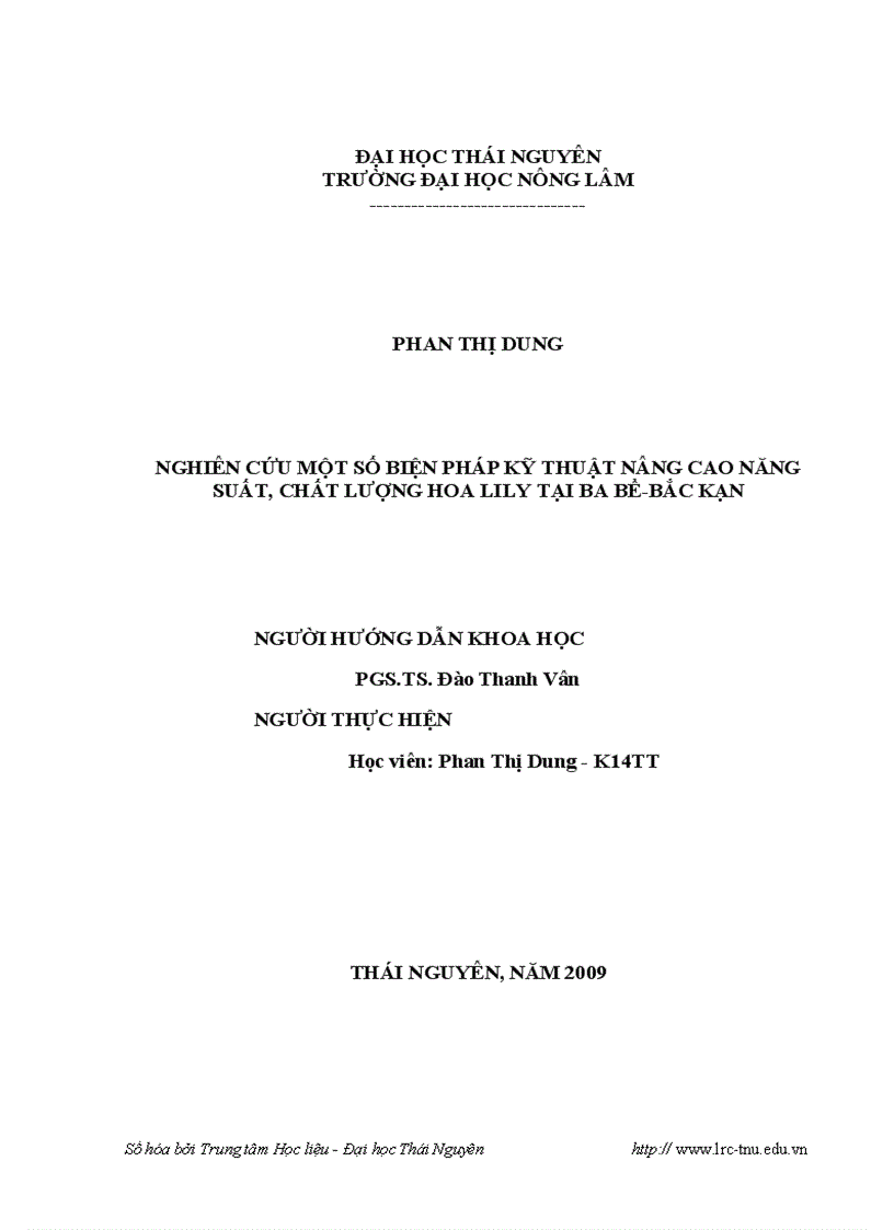 Nghiên cứu một số biện pháp kỹ thuật nâng cao năng suất chất lượng hoa lily tại Ba Bể Bắc Kạn