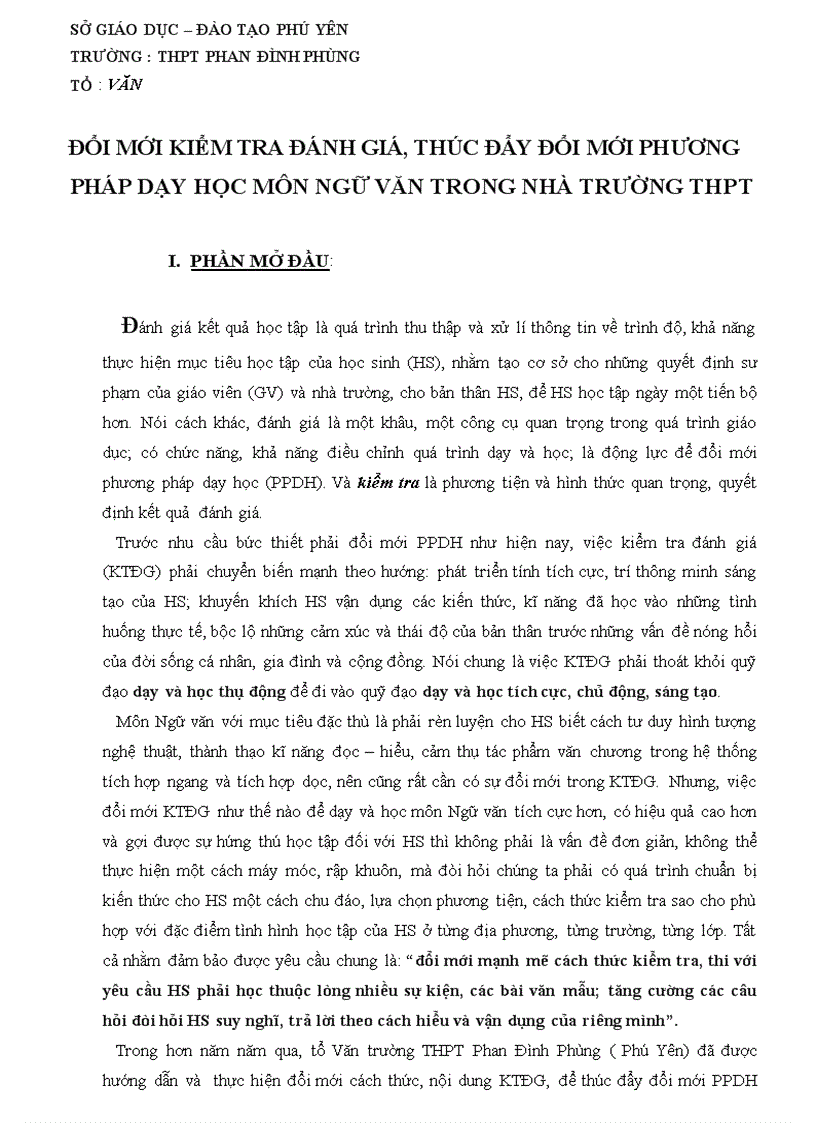 Đổi mới kiểm tra đánh giá thúc đẩy đổi mới phương pháp dạy học môn ngữ văn trong nhà trường thpt