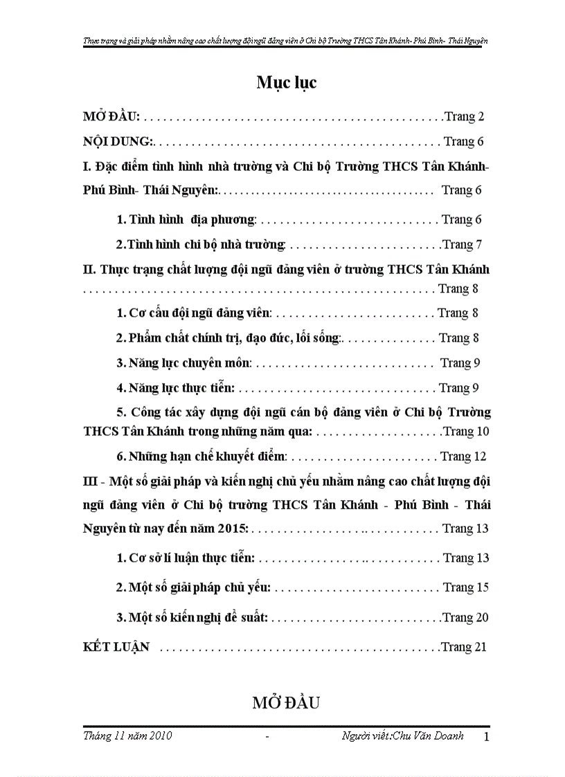 Thực trạng và giải pháp nhằm nâng cao chất lượng đội ngũ đảng viên ở Chi bộ Trường THCS Tân Khánh Phú Bình Thái Nguyên