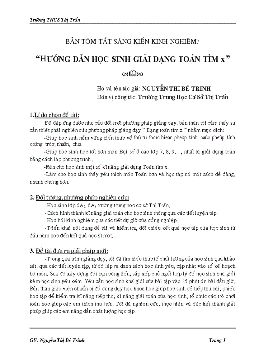 HƯỚNG DẪN HỌC SINH GIẢI DẠNG TOÁN TÌM x