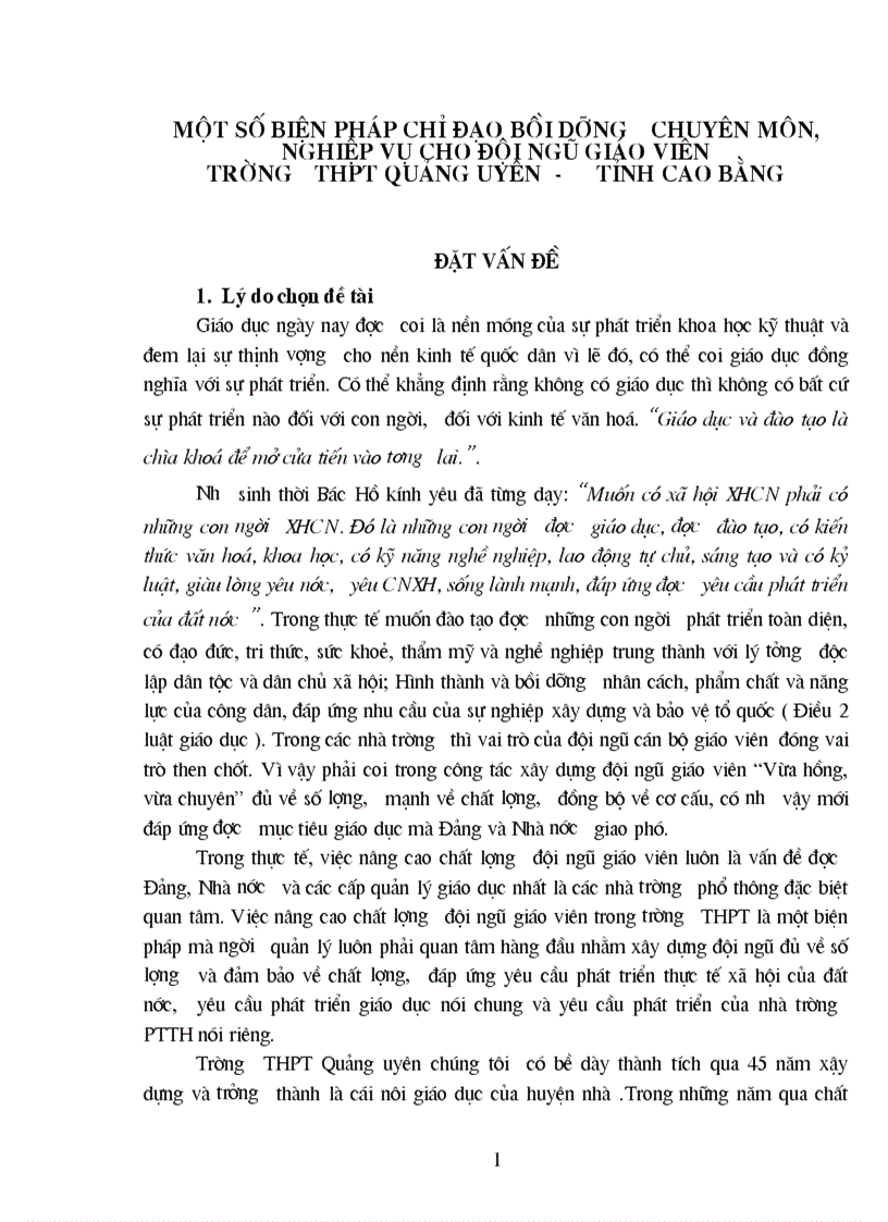 Một số biện pháp chỉ đạo bồi dưỡng chuyên môn nghiệp vụ cho đội ngũ giáo viên trường thpt quảng uyên tỉnh cao bằng