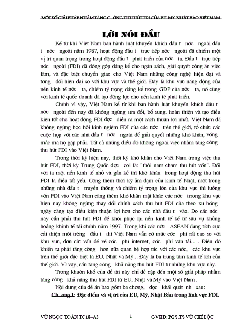Một số giải pháp nhằm tăng cường thu hút vốn đầu tư nước ngoài của eu mỹ nhật vào việt nam