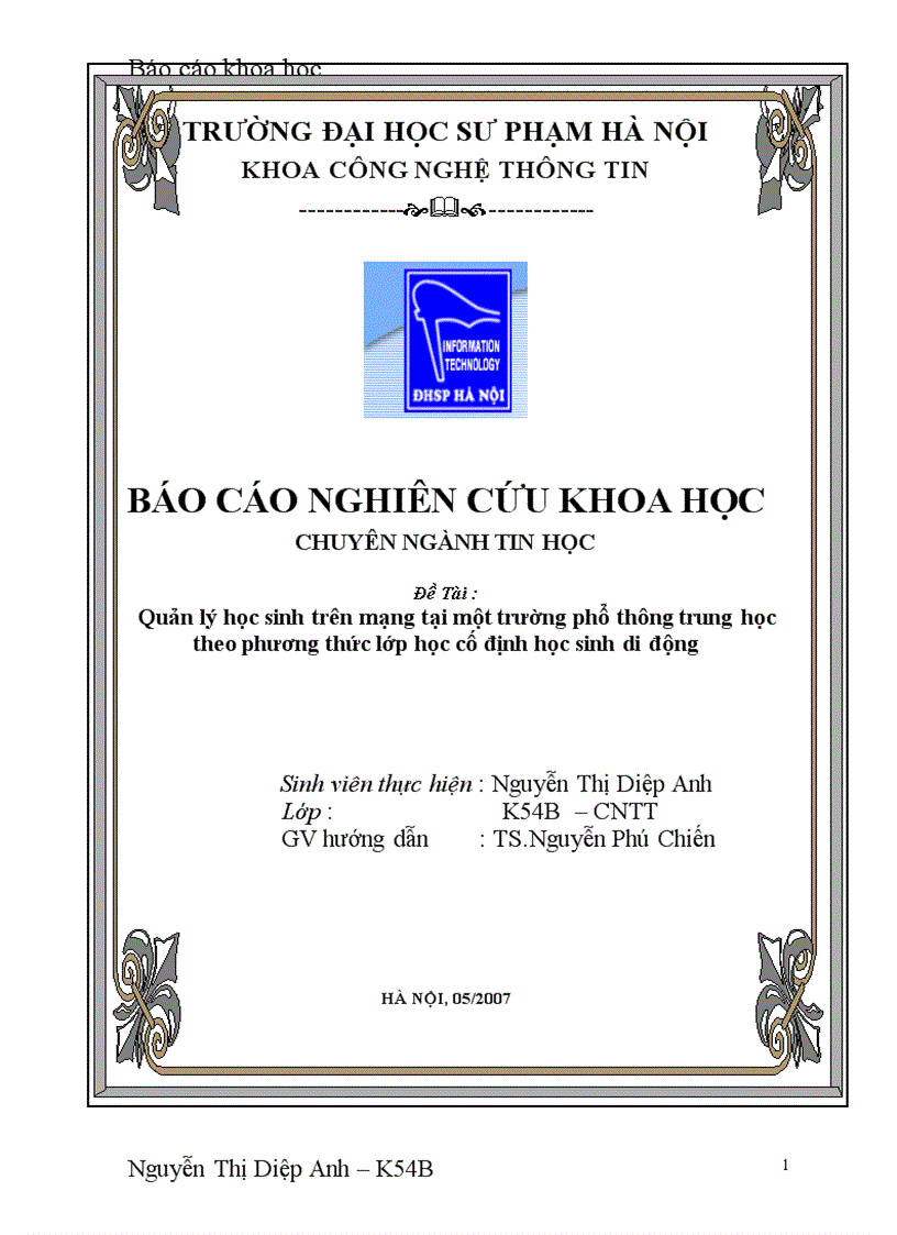 Quản lý học sinh trên mạng tại một trường phổ thông trung học theo phương thức lớp học cố định học sinh di động