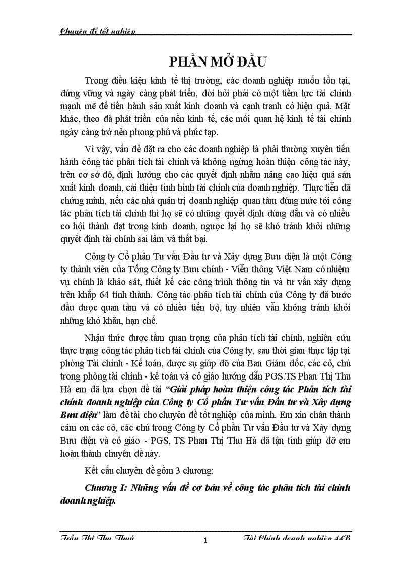 Giải pháp hoàn thiện công tác Phân tích tài chính doanh nghiệp của Công ty Cổ phần Tư vấn Đầu tư và Xây dựng Bưu điện