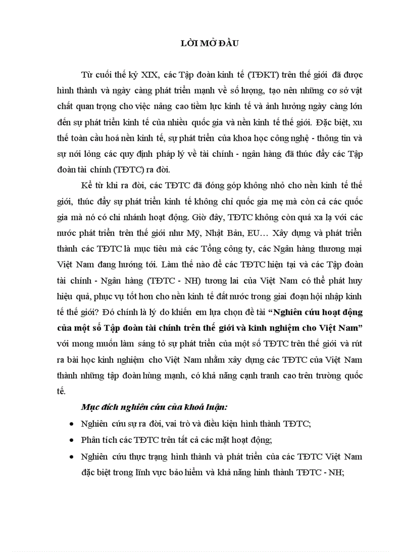 Nghiên cứu hoạt động của một số Tập đoàn tài chính trên thế giới và kinh nghiệm cho Việt Nam