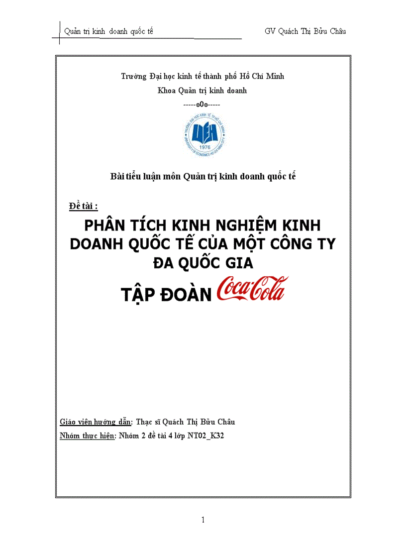 Phân tích kinh nghiệm kinh doanh quốc tế của một công ty đa quốc gia cocacola