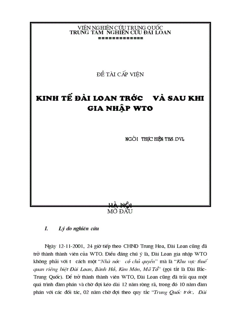 Đề tài Kinh tế Đài Loan trước và sau khi gia nhập WTO