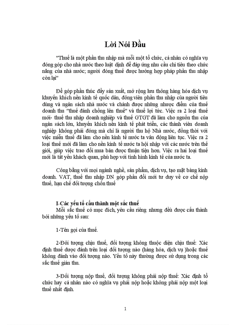 Các yếu tố cấu thành 1 sắc thuế hệ thống chính sách thuế nét chính về thuế GTGT thuế thu nhập doanh nghiệp