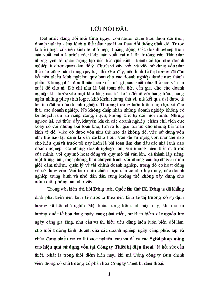 Nâng cao hiệu quả sử dụng vốn tại công ty Thiết bị Điện thoại