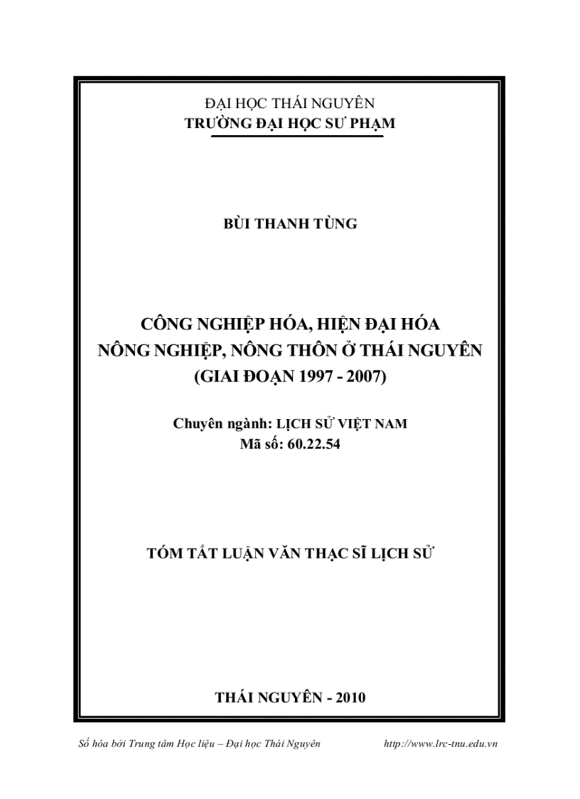 Công nghiệp hóa hiện đại hóa nông nghiệp nông thôn tại Thái Nguyên 1997 2007