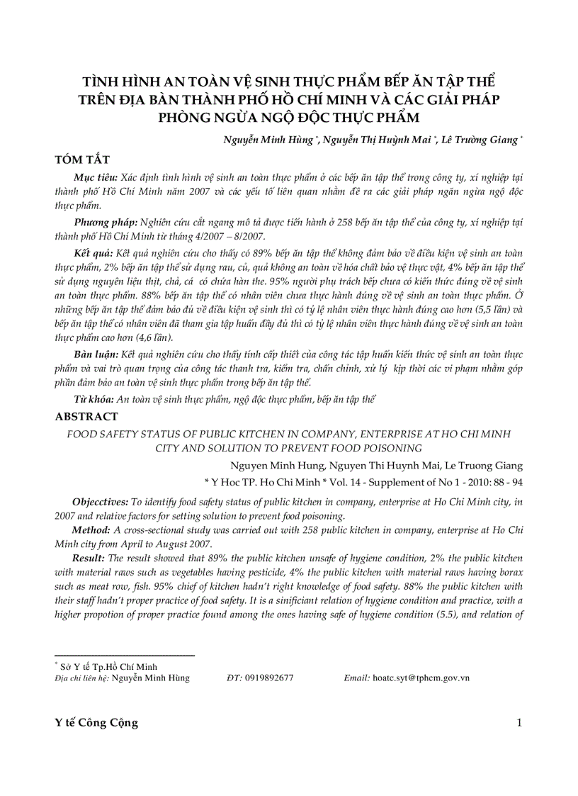 Tình hình an toàn vệ sinh thực phẩm bếp ăn tập thể trên địa bàn thành phố hồ chí minh và các giải pháp phòng ngừa ngộ độc thực phẩm