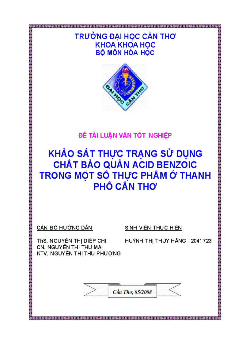 Khảo sát thực trạng sử dụng chất bảo quản acid benzoic trong một số thực phẩm ở thanh phố cần thơ